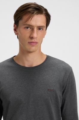 Long-sleeved T-shirt in stretch cotton with embroidered logo, Dark Grey