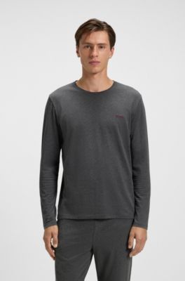 T-shirt &agrave; manches longues en coton stretch &agrave; logo brod&eacute;, Gris sombre