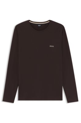 Long-sleeved T-shirt in stretch cotton with embroidered logo, Dark Brown