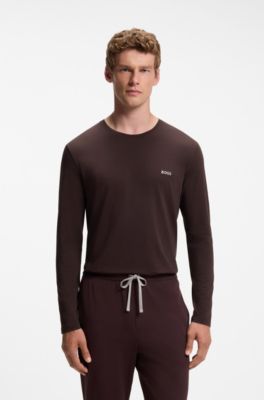 Long-sleeved T-shirt in stretch cotton with embroidered logo, Dark Brown