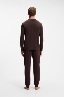Long-sleeved T-shirt in stretch cotton with embroidered logo, Dark Brown