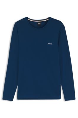 Long-sleeved T-shirt in stretch cotton with embroidered logo, Blue