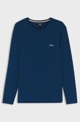 T-shirt met lange mouwen en logostiksel, van stretchkatoen, Blauw