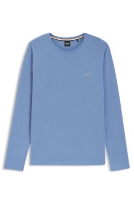 Long-sleeved T-shirt in stretch cotton with embroidered logo, Blue