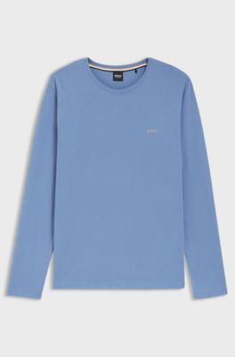 Long-sleeved T-shirt in stretch cotton with embroidered logo, Blue