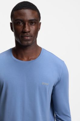 Long-sleeved T-shirt in stretch cotton with embroidered logo, Blue