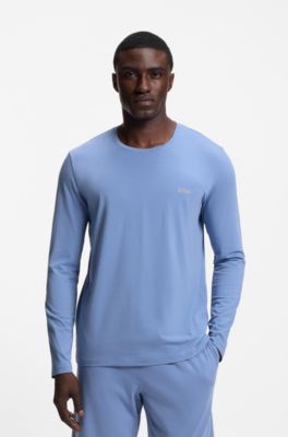 Maglia a maniche lunghe in cotone elasticizzato con logo ricamato, Blu
