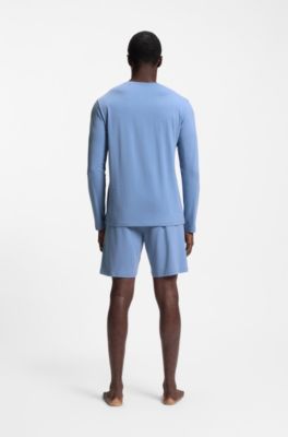 Long-sleeved T-shirt in stretch cotton with embroidered logo, Blue