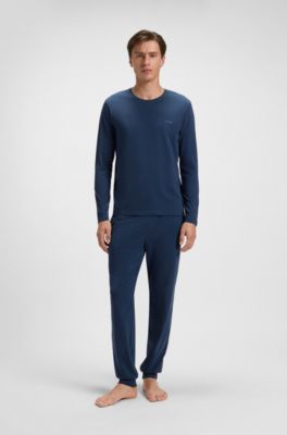 Maglia a maniche lunghe in cotone elasticizzato con logo ricamato, Celeste