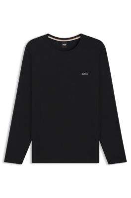 Long-sleeved top in stretch cotton with embroidered logo, Black