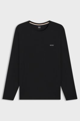 Long-sleeved top in stretch cotton with embroidered logo, Black