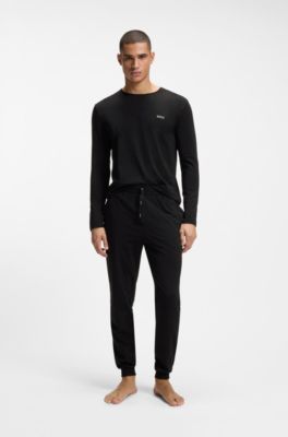 Long-sleeved top in stretch cotton with embroidered logo, Black