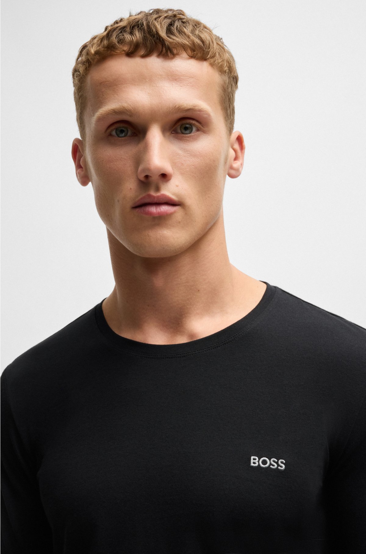 Stretch-cotton T-shirt with embroidered logo, Black