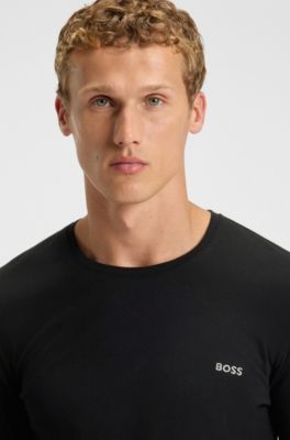 Long-sleeved top in stretch cotton with embroidered logo, Black