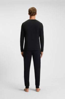 Long-sleeved top in stretch cotton with embroidered logo, Black