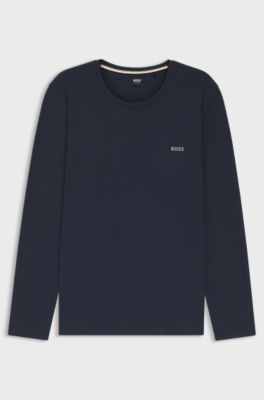 Top van stretchkatoen met lange mouwen en logostiksel, Donkerblauw