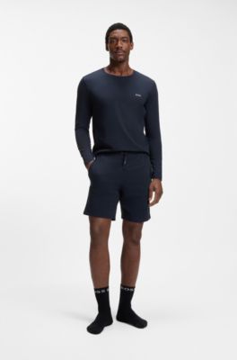 Top van stretchkatoen met lange mouwen en logostiksel, Donkerblauw