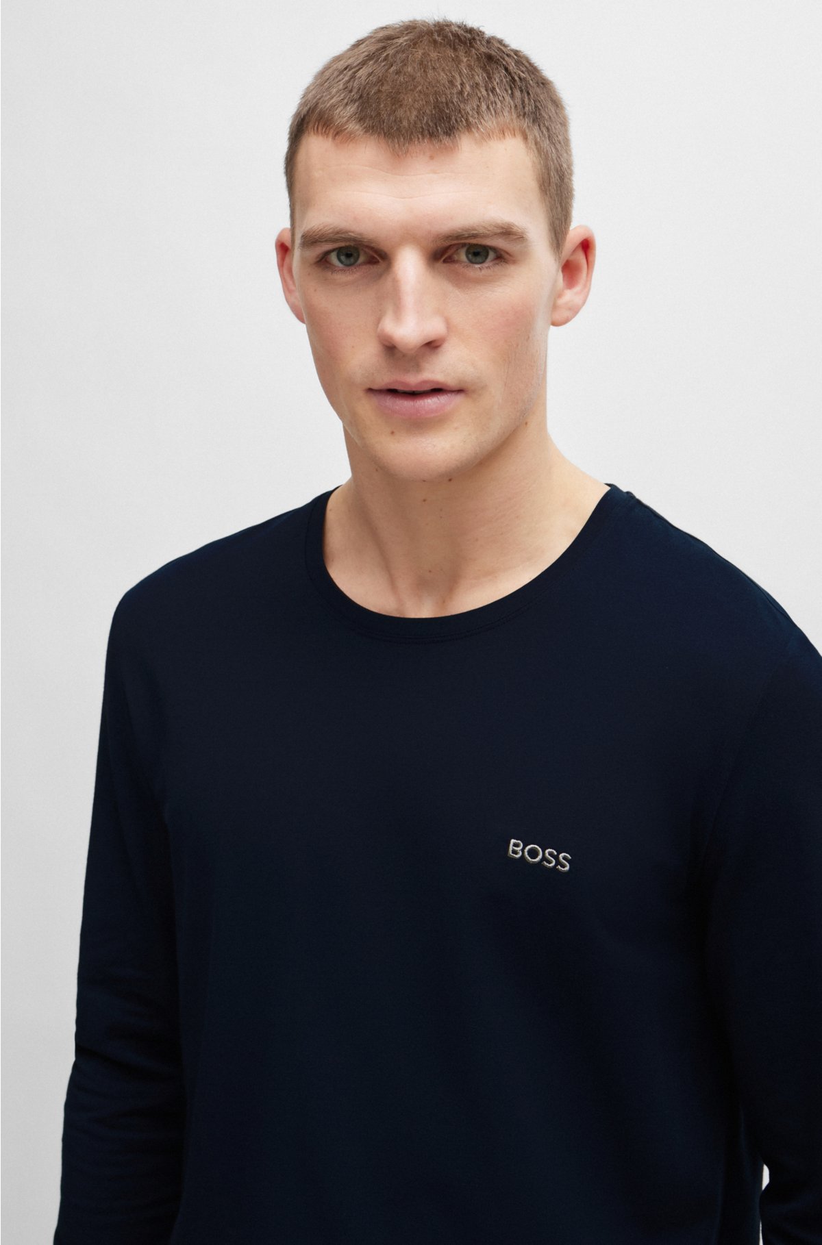Stretch-cotton T-shirt with embroidered logo, Dark Blue
