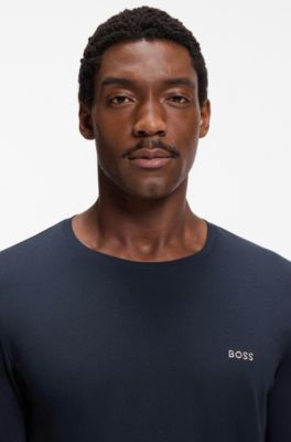 Long-sleeved top in stretch cotton with embroidered logo, Dark Blue