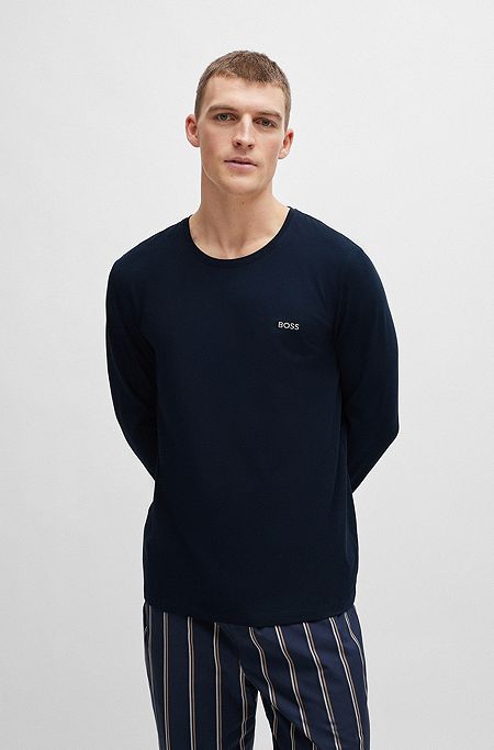 Long-sleeved T-shirt in stretch cotton with logo detail, Dark Blue