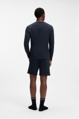 Top van stretchkatoen met lange mouwen en logostiksel, Donkerblauw
