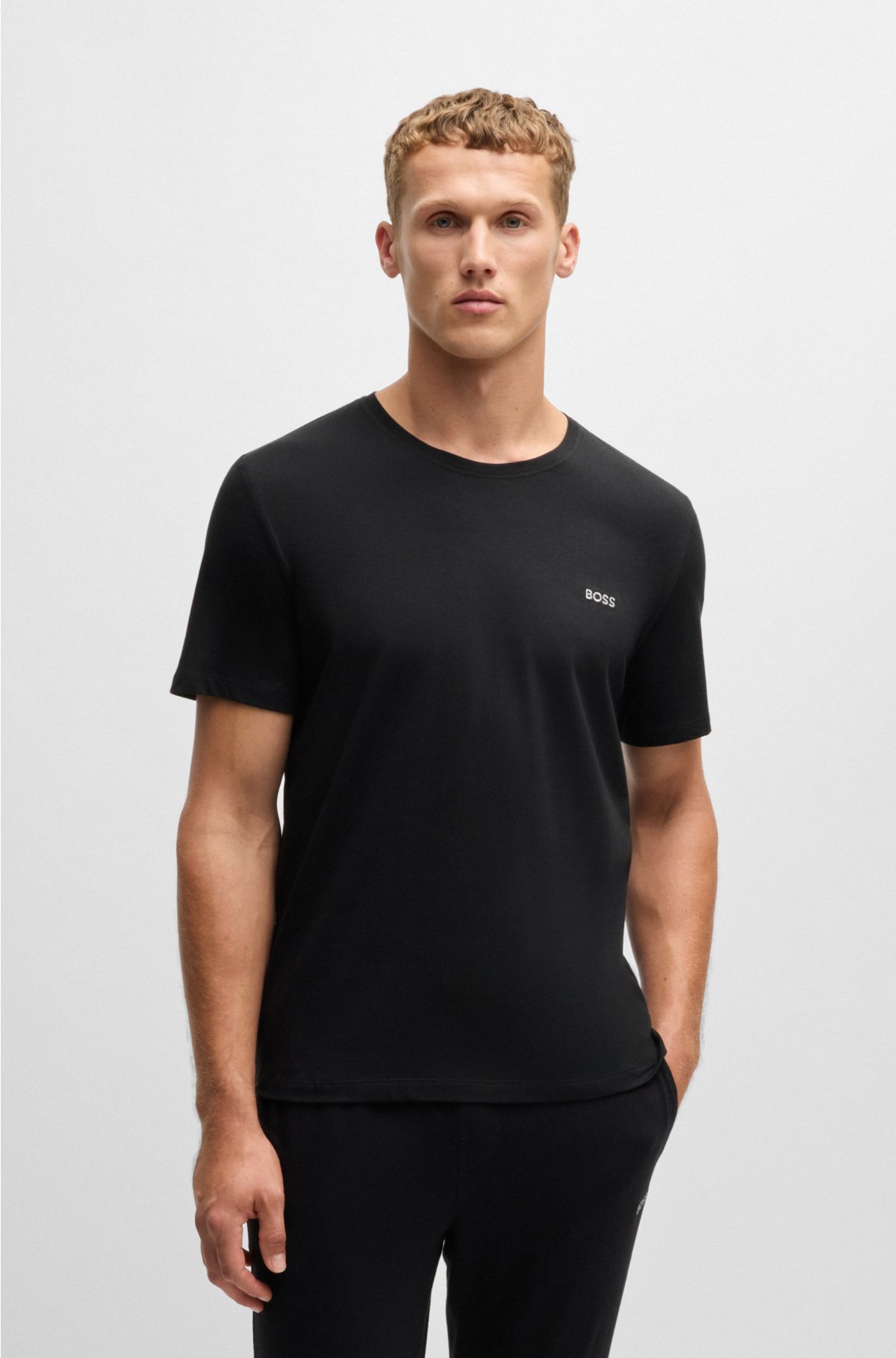 Stretch-cotton T-shirt with embroidered logo, Black