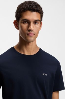 T-shirt van stretchkatoen met logostiksel, Donkerblauw