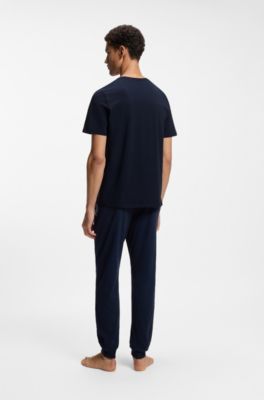 T-shirt van stretchkatoen met logostiksel, Donkerblauw