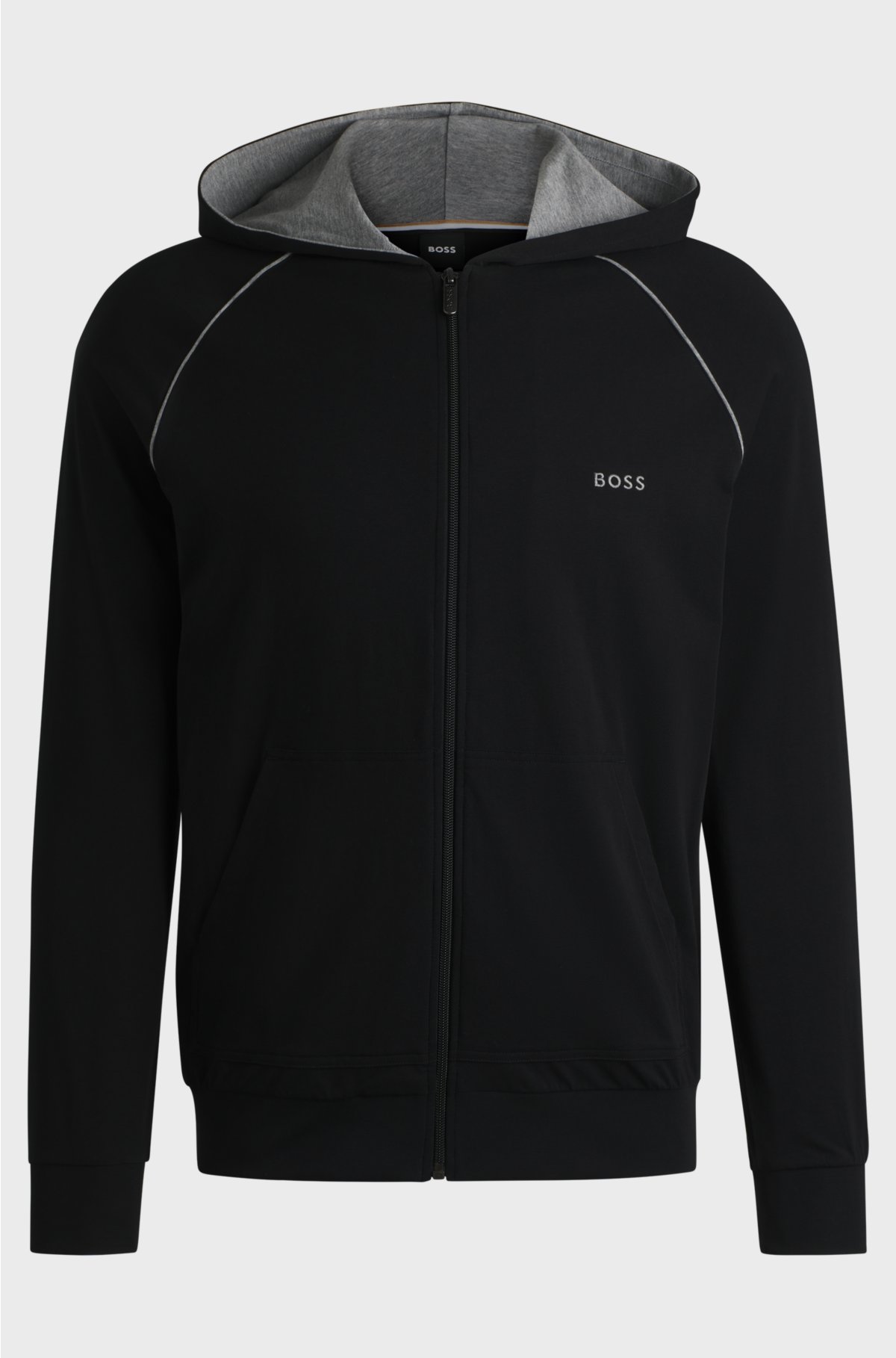 Stretch-cotton zip-up hoodie with embroidered logo, Black