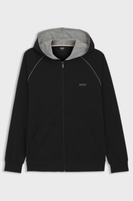 Zip-up hoodie in stretch cotton with contrast piping, Black