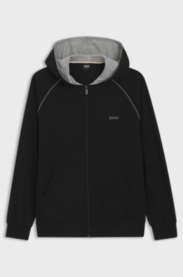 Zip-up hoodie in stretch cotton with contrast piping, Black