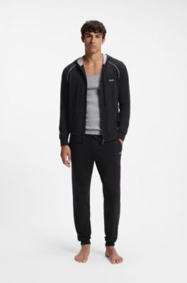 Zip-up hoodie in stretch cotton with contrast piping, Black