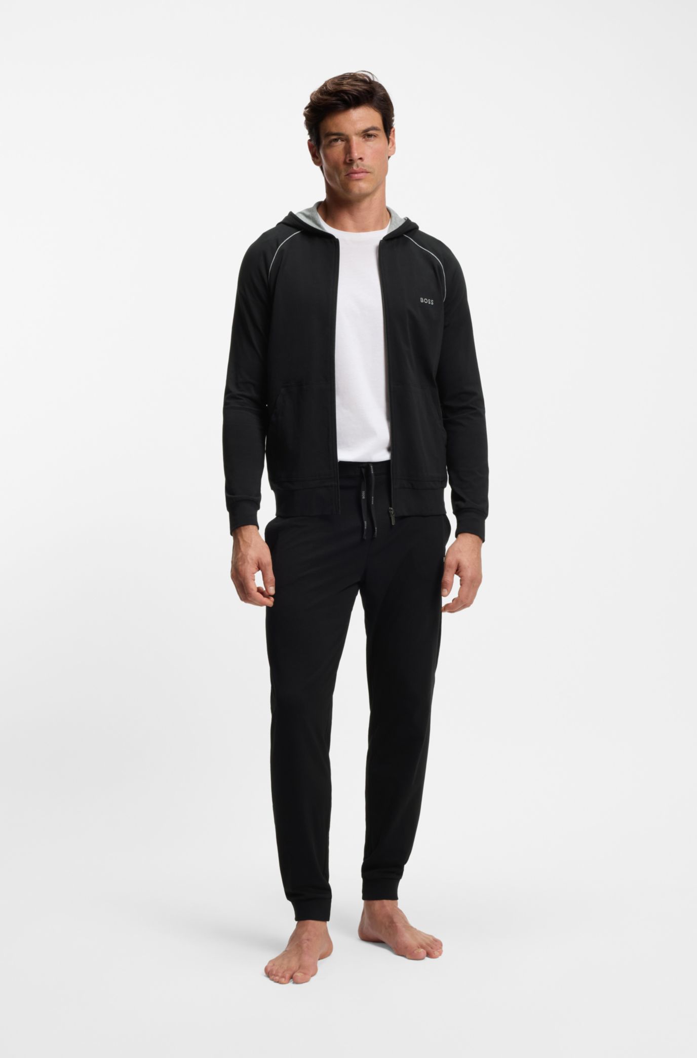 Zip-up hoodie in stretch cotton with embroidered logo, Black