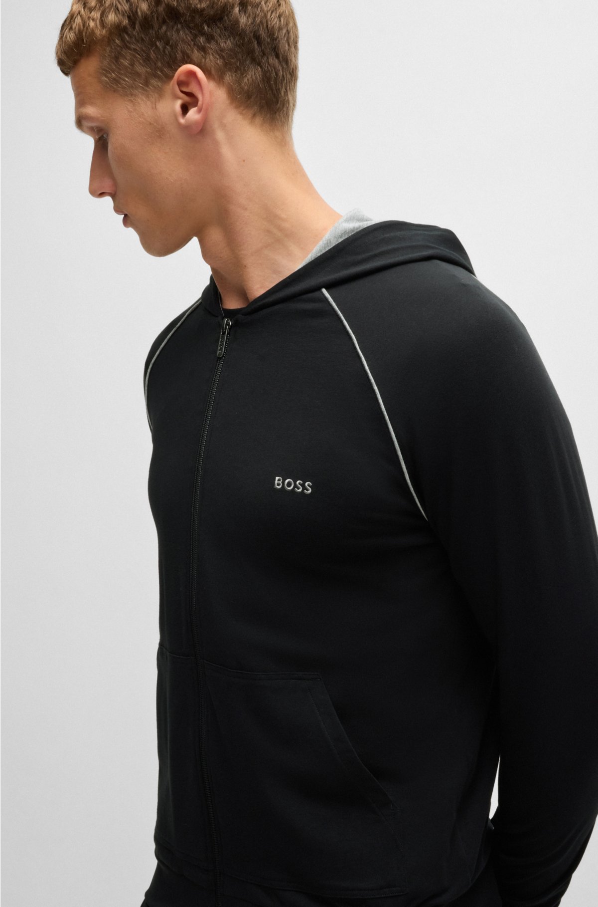 Stretch-cotton zip-up hoodie with embroidered logo, Black