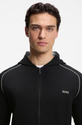 Felpa con cappuccio in cotone elasticizzato con zip e profili a contrasto, Nero