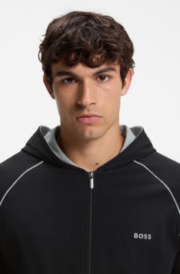 Zip-up hoodie in stretch cotton with contrast piping, Black