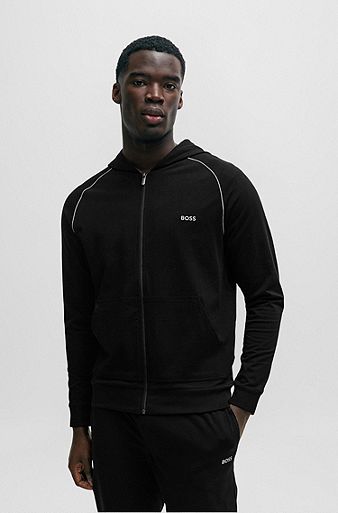 Stretch-cotton zip-up hoodie with logo detail, Black