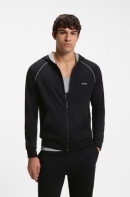 Zip-up hoodie in stretch cotton with contrast piping, Black