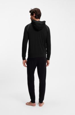 Felpa con cappuccio in cotone elasticizzato con zip e profili a contrasto, Nero