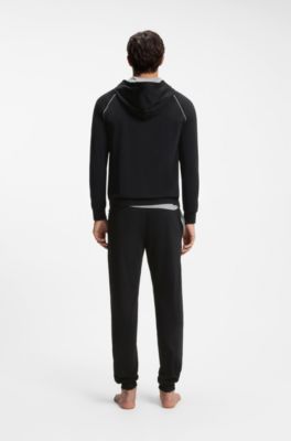 Zip-up hoodie in stretch cotton with contrast piping, Black