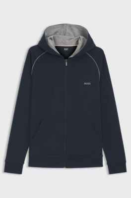 Felpa con cappuccio in cotone elasticizzato con zip e profili a contrasto, Blu scuro