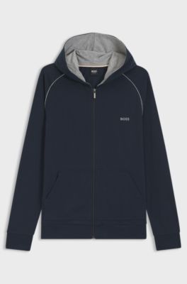 Zip-up hoodie in stretch cotton with contrast piping, Dark Blue