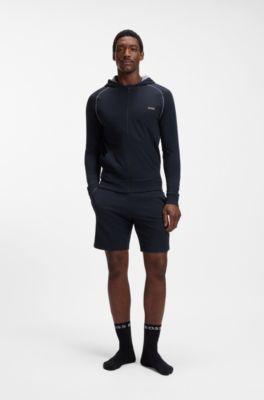 Felpa con cappuccio in cotone elasticizzato con zip e profili a contrasto, Blu scuro