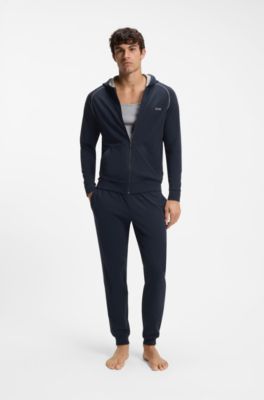 Zip-up hoodie in stretch cotton with contrast piping, Dark Blue