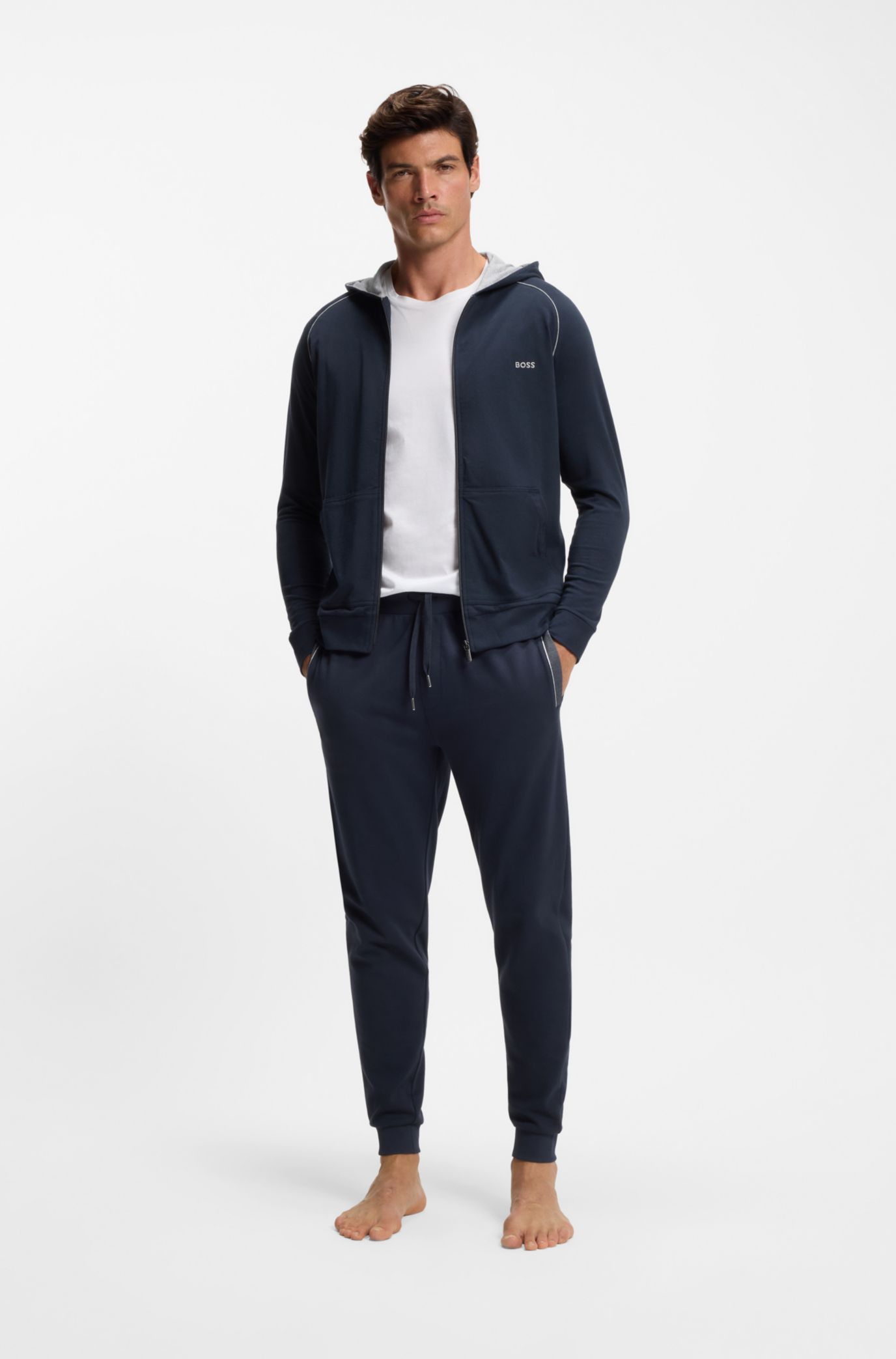 Zip-up hoodie in stretch cotton with embroidered logo, Dark Blue