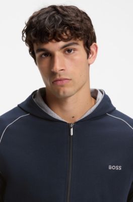 Felpa con cappuccio in cotone elasticizzato con zip e profili a contrasto, Blu scuro
