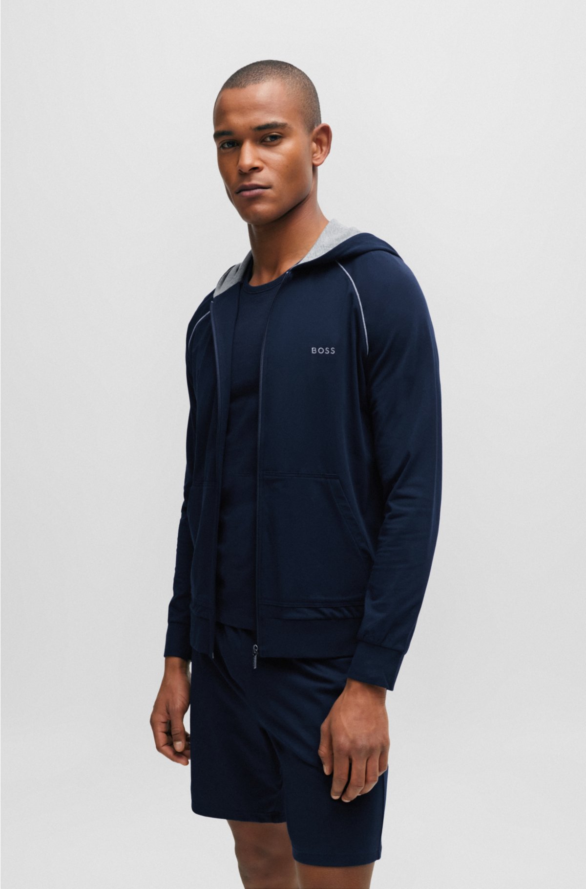 Stretch-cotton zip-up hoodie with logo detail, Dark Blue