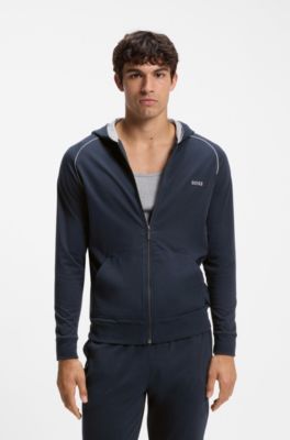 Felpa con cappuccio in cotone elasticizzato con zip e profili a contrasto, Blu scuro