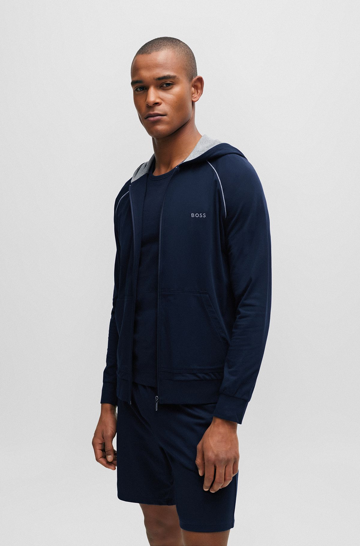 Stretch-cotton zip-up hoodie with logo detail, Dark Blue