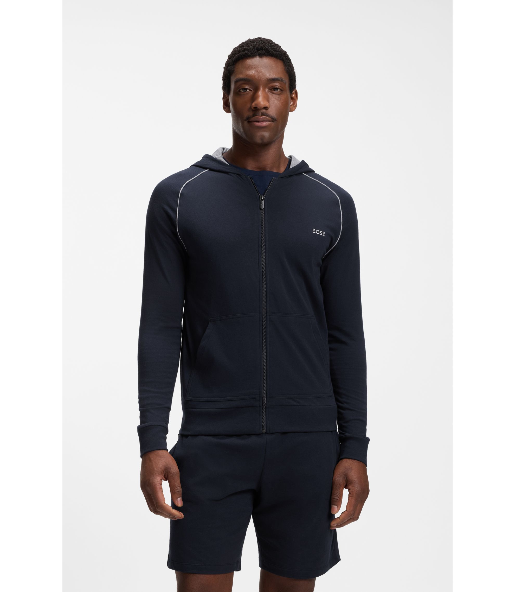 Hoodie aus Stretch-Baumwolle mit Reißverschluss und Kontrastpaspeln